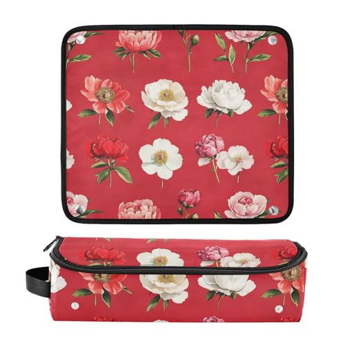 Retro Peonies Red 2-in-1 Curling Iron Travel Case and Heat Resistant Mat Waterproof Hair Tools Travel Organizer for Flat Irons, Straighteners, Curling Irons Hair Accessories Organizer miniatura 3