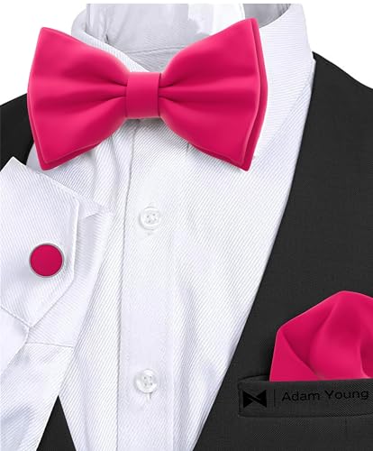Image of Adam Young Men's Bow Ties with Handkerchief & Cufflinks Pre-Tied Style Formal Satin Classic Bowtie for Tuxedo Faux Silk