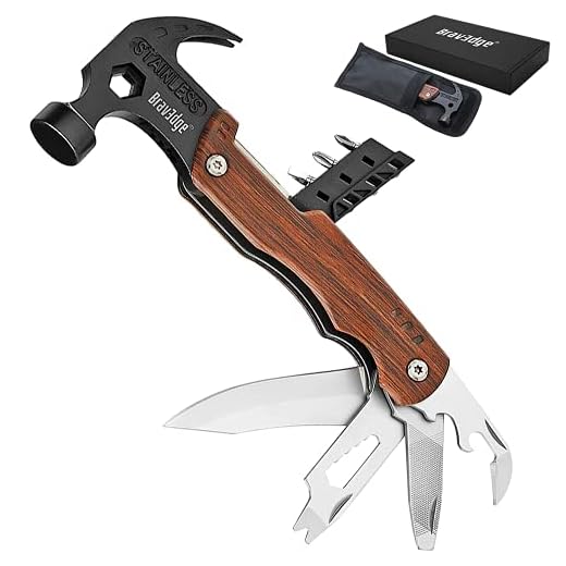 Multiherramienta Bravedge, Accesorios Camping, Regalo para hombres, 12 en 1 Herramienta Multiusos con Martillo, Tirador de Clavo, Navaja, Destornilladores y Bolsa de Transporte