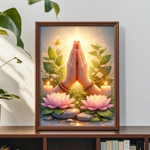Image of 5D Diamond Art Kits for Adults, Praying Hands Diamond Painting Kits for Beginners, Lotus DIY Full Drill Round Rhinestone Gem Art Crafts Paintings for Spiritual Harmony and Home Wall Decor 12 x 16 inch