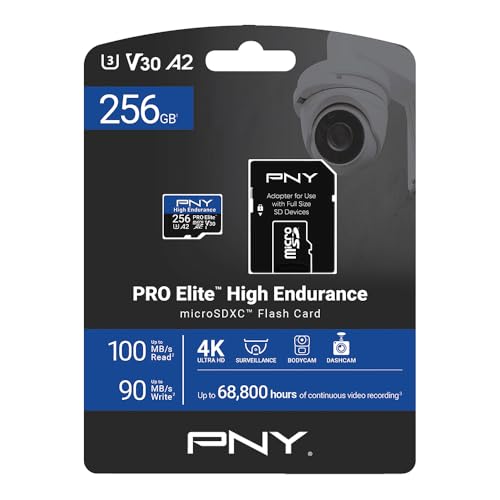 PNY Carte mémoire microSDXC 256Go Pro Elite™ High Endurance C10 U3 V30 A2 – Jusqu'à 100/90 Mo/s en Lecture/écriture, 4K UHD, Full HD, UHS-I, Surveillance, Enregistrement continu, caméra embarquée