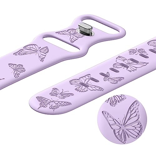 Image of Butterfly Engraved Bands Compatible with Apple Watch Band 41mm 40mm 38mm 49mm 46mm 49mm 46mm 45mm 44mm 42mm Women, Silicone Sport Strap for iWatch Series SE 10 9 8 7 6 5 4 3 2 1 SE Ultra