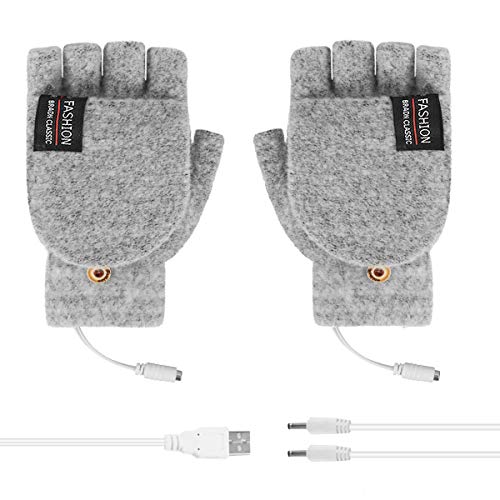 Unisex Women Men USB Heated Gloves Electric Heating Gloves Mitten Winter Warmer Rechargeable Laptop Gloves for Computer Typing Arthritis Hand, Knitting Full& Half Fingerless, Washable (Light Grey)