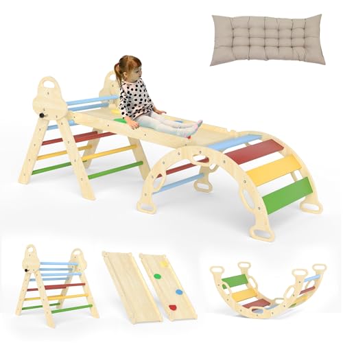 Image of doowroodni Pikler Triangle Set 7in1 Toddler Climbing Toys Indoor Foldable Baby Climbing Toys Wooden Montessori Climbing Set with Arch, Ramp, Ladder for 1-3 Years, Jungle Gym for Kids