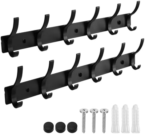 Coat Rack Wall Mount, 2 Pack Coat Hooks Hanger Wall Double Hook Rack Rail Towel Hat Rack Entryway Bathroom Hanger Organizer for Robes, Clothes, Bags, Hat(Black)