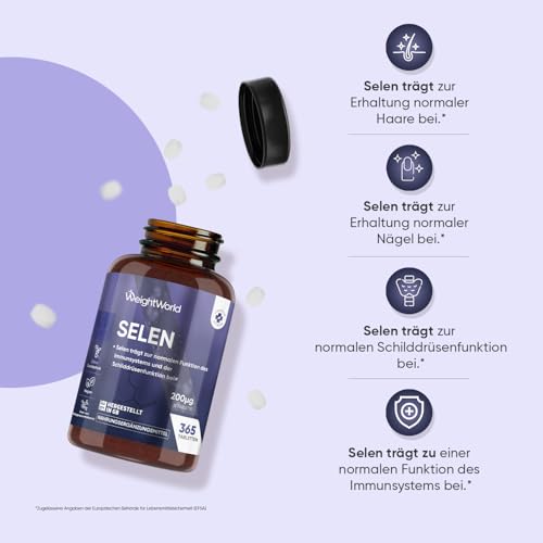 Selen 200µg- 365 Selenium Tabletten - 1 Jahr Vorrat - L- Selenmethionin - Vegan - Selen trägt zu einer normalen Schilddrüsenfunktion bei (EFSA) - 1 Selenium Tablette Täglich - Glutenfrei - WeightWorld