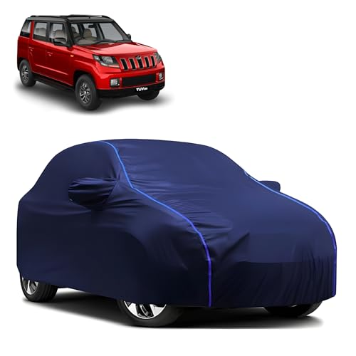 Image of Kerwa Car Body Cover Waterproof with TUV 300, Dust & UV Resistant All-Weather Proof Full Body Cover, Blue with Blue Lining, Triple Stitch Elasticated Bottom with Mirror Pocket