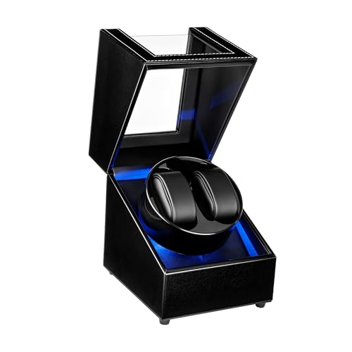 Mcbazel Caja Giratoria Automática para Relojes Dual, Estuche de Almacenamiento para 2 Relojes de Cuero PU con 5 Modos de Rotación, Carga por USB y Luz LED Azul – Negro