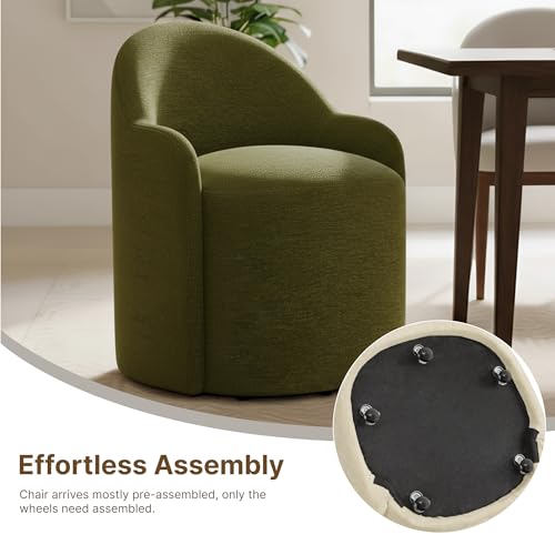 Image of KISLOT Upholstered Dining Chairs with Casters, No Assembly Modern Dining Room Chairs Accent Vanity Chair with 5 Wheels & Round Backrest for Bedroom, Living Room, Dressing, Green Fabric, Set of 4