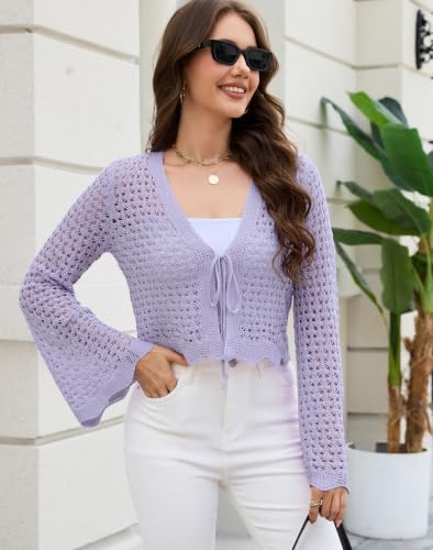 Image of Women's Crochet Tie Front Cardigan Cropped Knit Bolero Shrug Bell Sleeve