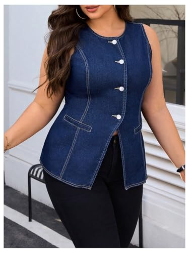 MakeMeChic Women's Plus Size Denim Vests Crew Neck Sleeveless Button Down Vest Outerwear3