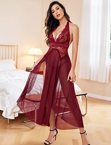Image of SSoShHub Women Lingerie Deep V Neck Nightwear One Piece Sexy Nightgowns Mosaic Lace Mesh Dress