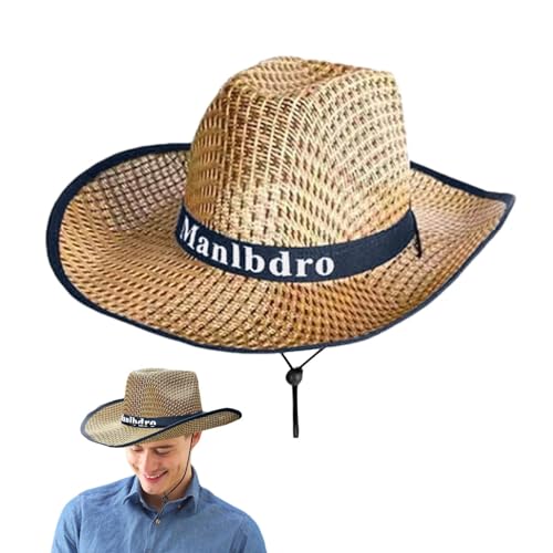 Genikeer Sombrero de Paja de ala Ancha, Sombrero de Sol de Paja para Hombre, Gorra para el Sol con protección UV para Exteriores, Sombrero de Occidental de Verano para Hombre Azul Talla S