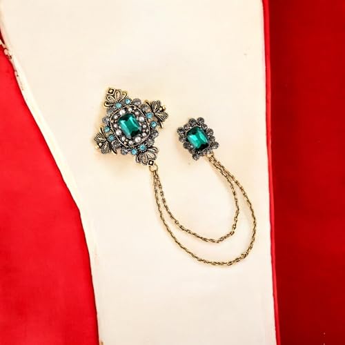 Image of Mahi Victorian Style Artificial Pearl & Crystal Sherwani Brooch Pin with Hanging Chain for Men (PABP1101193PR)