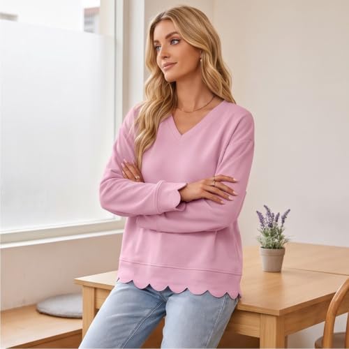 Womens V Neck Sweatshirt Cotton Scalloped Hem Long Sleeve Pullover Tops - image 3