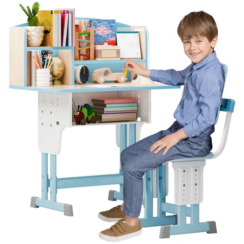 Wilitto Set di scrivania e sedia per bambini, scrivania e sedia per studenti, con cassetto portaoggetti e librerie, set di scrivania e sedia per bambini, tavolo da studio per bambini dai 6 ai 12 anni