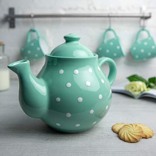 Handmade Teal Blue And White Polka Dot Large Ceramic 1,7L/60Oz/4-6 Cup Teapot With Handle And Lid, Unique Pottery Housewarming Gift For Tea Lovers By City To Cottage® #TOP3