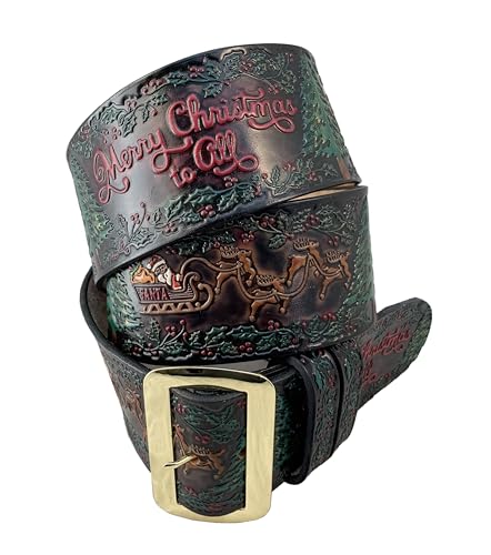 Hand Painted and Tooled Santa Claus Belt & Buckle, Merry Christmas to All, Solid Leather, 3" Wide2