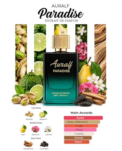 Image of Paradise Extrait De Parfum, 24hrs LongLasting perfume, 50ml, Sweet, Nutty, Fruity, Floral, Woody, Warm Scent, Pistachio, Bergamot, Pear, Jasmine, Sandalwood & Tonka Bean