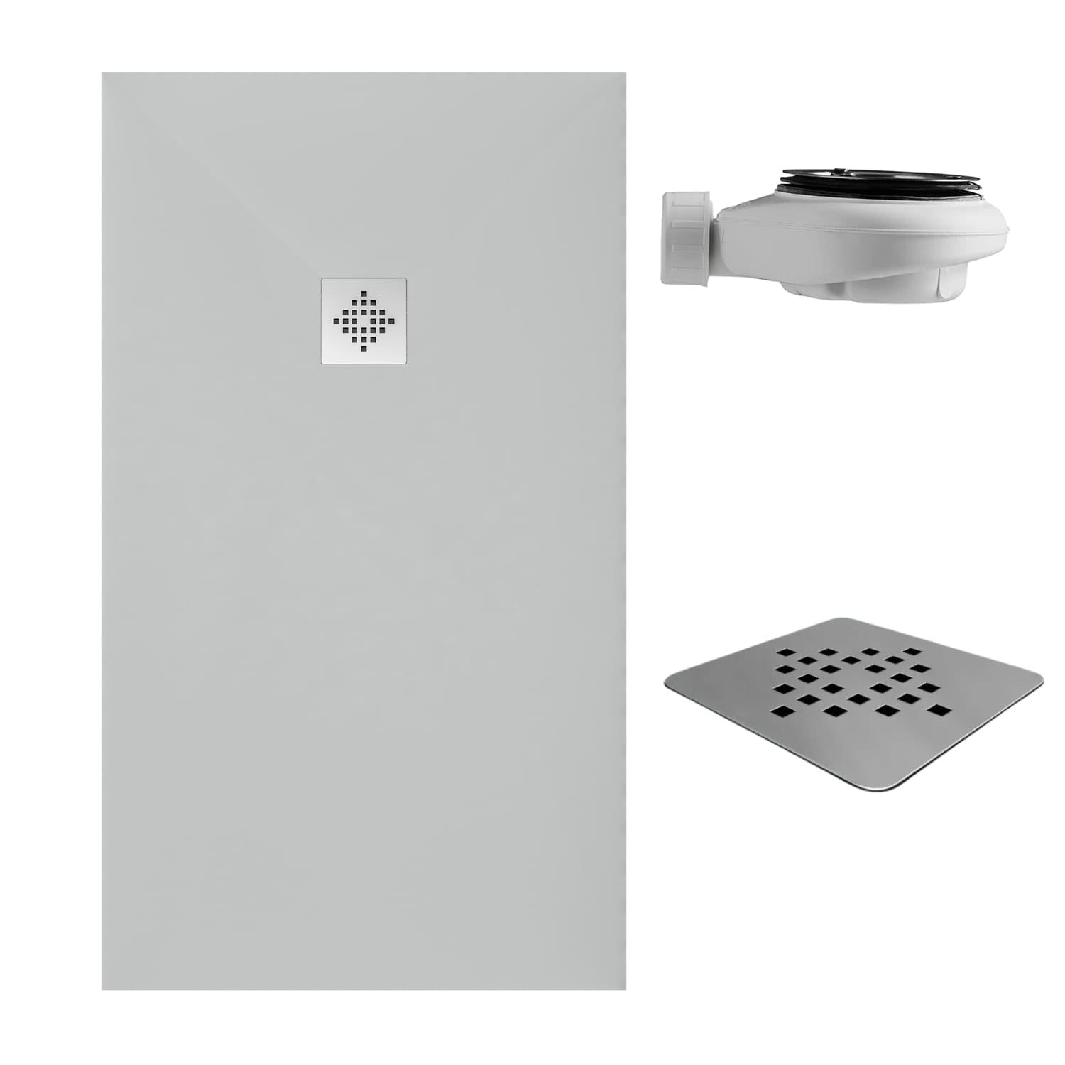 SoulHome Receveur de douche Résine 100x100 Gris Clair Grille Standard | Antidérapant C3, extra-plat, résine et charge minérale, texture pierre lisse, antibactérien, gel-coat, + bonde d'évacuation