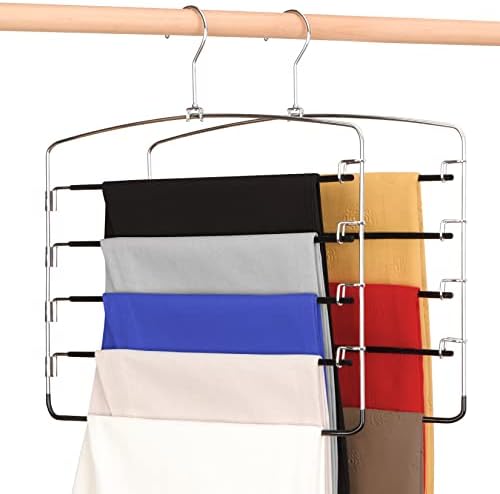 Space Saving Pants Hangers 2 Packs Non-Slip Stainless Steel Velvet Clothes Hanger, Pant Hanger Space Saving Trousers Scarves Ties Hanger Closet Storage Organizer