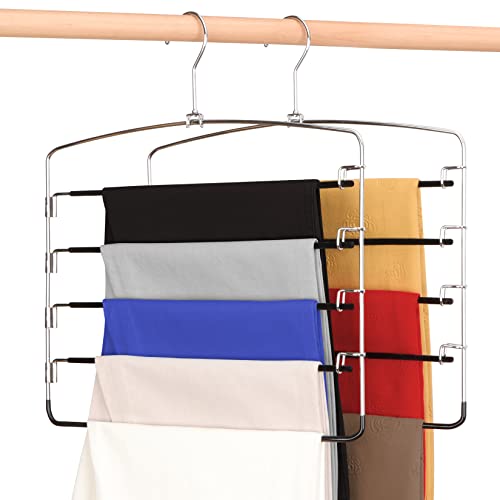 Space Saving Pants Hangers 2 Packs Non-Slip Stainless Steel Velvet Clothes Hanger, Pant Hanger Space Saving Trousers Scarves Ties Hanger Closet Storage Organizer #TOP3
