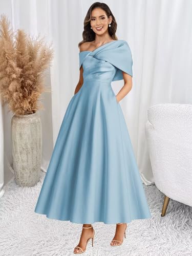 One Shoulder Mother of The Bride Dresses for Women Tea Length Satin Wedding Guest Dresses with Pockets3
