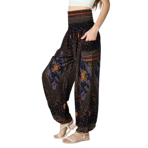 Tranquil Threads High-Waisted Yoga Pants, 100% Rayon, Boho/Harem Style with Pockets – Comfortable for Yoga or Casual Wear (US, Alpha, Medium, Regular, Regular, Black Feather)