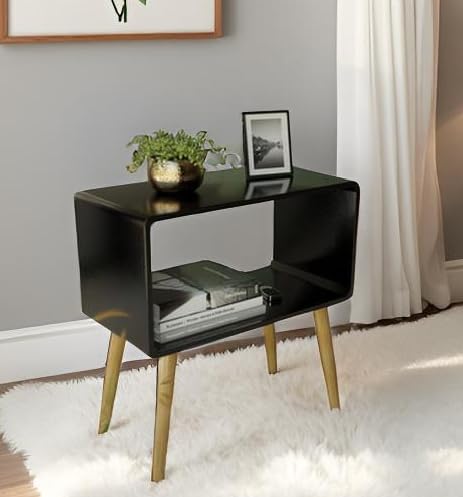 Image of SS Wood Nation Vintage Bookcase Nightstand, Coffee Table, End Table, Bedside Table for Compact Areas, Magazine Stand with Storage, and Living Room /Bedroom (Modern, Blak)