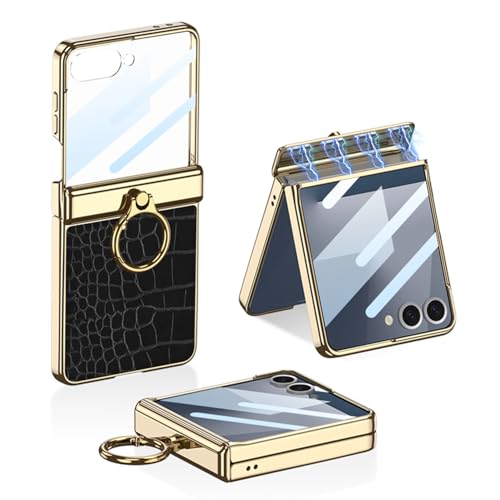 Coque Galaxy Z Flip 7 luxe en cuir crocodile noir avec film HD