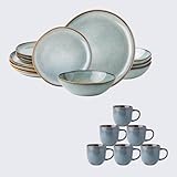 AmorArc 24PCS Ceramic Dinnerware Sets,Handmade Reactive Glaze Plates and Bowls Sets With Coffee Mugs, Highly Chip and Crack Resistant | Dishwasher & Microwave Safe Dishes Set, Service for 4 (24pc)