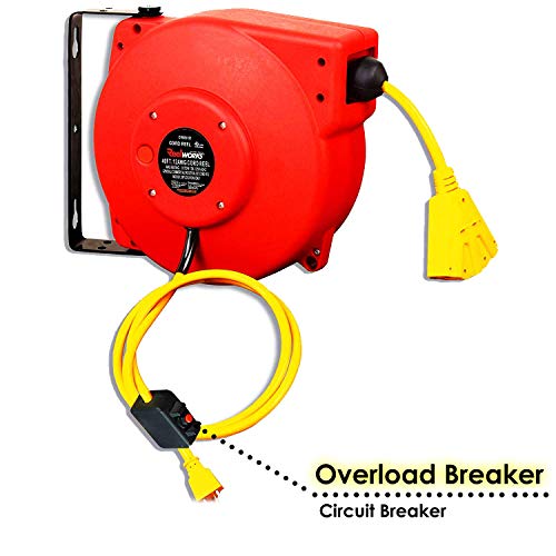 ReelWorks Retractable Extension Cord Reel Polypropylene 12AWG x 40' Foot Industrial Commercial Grade 3C SJT Cable Triple Tap Connector 15A 125VAC 1875W 60Hz Current Interrupter Best for Indoor Use