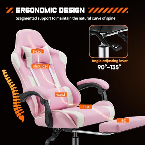 Sweetcrispy Video Game Desk Chair - Ergonomic Computer with Footrest and Comfy Lumbar Support, PU Leather Recliner with Headrest, Fixed Up Armrest, Height Adjustable with 360° Swivel, for Adults, Pink