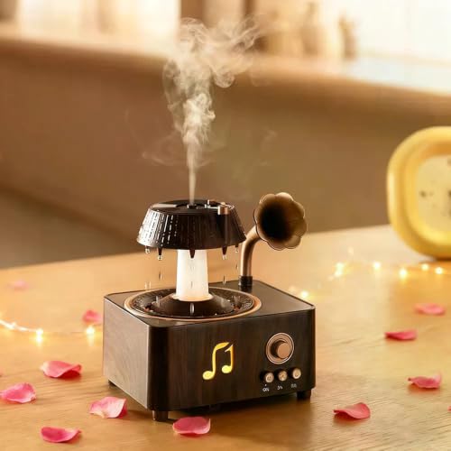Image of KIMEE Retro Gramophone Rain Humidifier Aroma Diffuser Cool Mist White Noise LED Night Light Vinyl Record Design for Bedroom Home Office