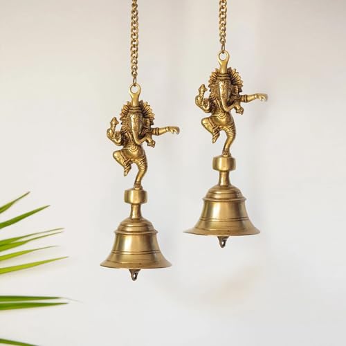 Image of ExclusiveLane 'Dancing Ganpati' Pure Brass Hanging Bells for Pooja Room (Set of 2, 3.4 x 3.4 x 9.3 Inch, 2.5 Kg) | Brass Bells for Mandir Temple Bell Hanging Temple Bells for Home Decoration