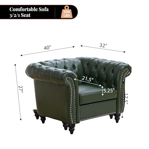 Image of LEVNARY Chesterfield Armchair, Tufted Leather Accent Chair, Mid-Century Modern Single Chair with Rolled Arms and Nailhead Trim, PU Leather Reading Chair for Living Room (Green)
