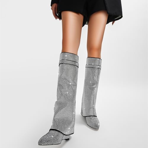Fold Over Knee High Boots for Women - Pull-on Pointed Toe Wedge Heel With Sparkly Rhinestone and Padlock - Wide Calf Tall Fashion Boots for Party3