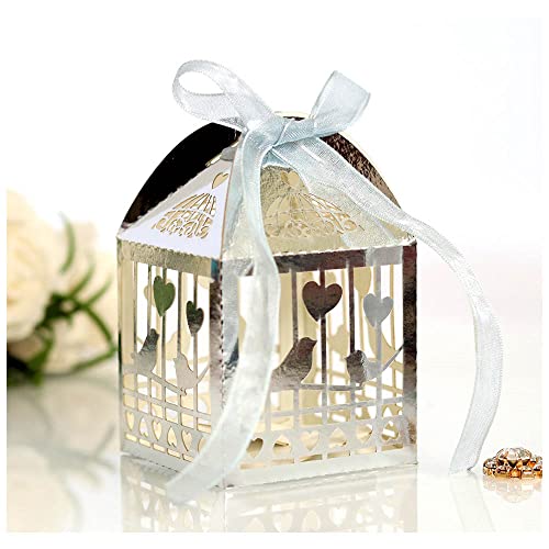 GIVBRO Lot de 50 boîtes à dragées en forme de cage à oiseaux avec ruban pour décoration de fête Argenté