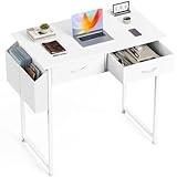 OLIXIS 32 Inch Small Desk with Drawers, Home Office Computer Desk with Storage Bag and Headphone Hook, Study Writing Table with Adjustable Feet for Bedroom, White