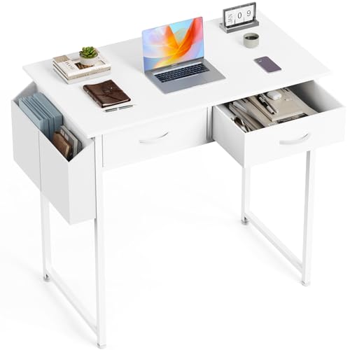 OLIXIS 32 Inch Small Desk with Drawers, Home Office Computer Desk with Storage Bag and Headphone Hook, Study Writing Table with Adjustable Feet for Bedroom, White