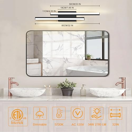 Image of LED Modern Bathroom Light Fixtures Over Mirror 5CCT Optional 32 Inch 2 Pack | Adjustable Bathroom Vanity Light Bar 0-100% Dimmable - Wall Light Fixtures 2700K /3000K /4000K /5000K /5700K ETL Certificated