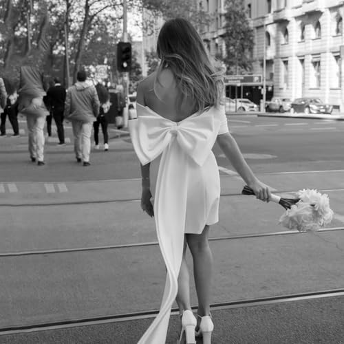 Boho Short Wedding Dresses for Bride with Bow Satin Mini A-Line Formal Evening Bridal Shower Dress3
