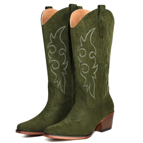 Image of IUV Cowboy Boots For Women Western Cowgirl Boots Mid Calf Snip Toe Boot With Chunky Heel
