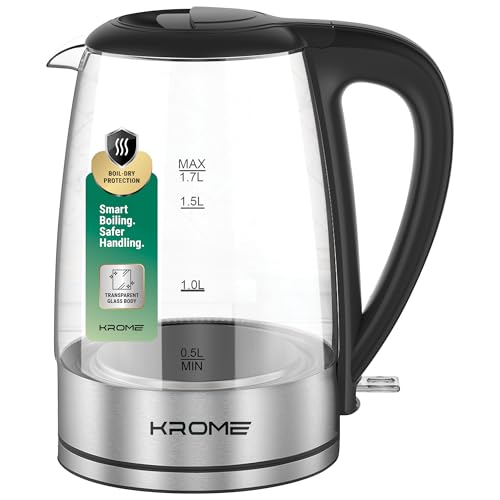 KROME 1.7L Glass Electric Kettle with 360 Rotational Base Auto Shut-Off Boil-Dry Protection & Concealed Heating Element - KR-KTG100D