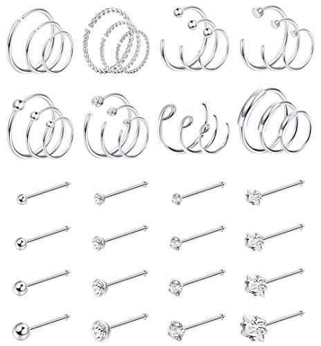 Jstyle 40Pcs C-Shaped Nose Ring Hoop for Mens Women Bone-Shaped Nose Studs Stainless Steel Nose Piercing Cartilage Tragus Piercing Jewery Silver Tone