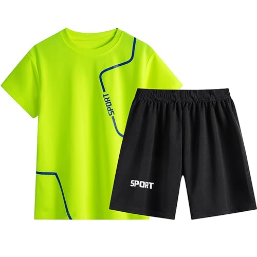 Generisch Traje de running de manga corta para niños, ropa casual de secado rápido para niños y niñas, camiseta de verano y pantalones cortos, conjunto de dos piezas, verde, 5-6 años