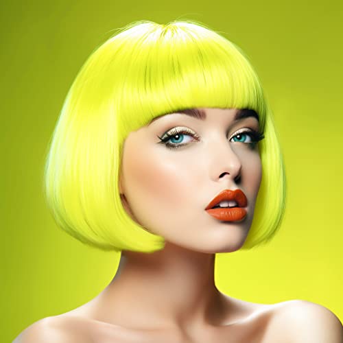Image of LIULIUBTY Short Bob Hair Wigs Straight with Flat Bangs Synthetic Colorful Cosplay Daily Party Neon Wig for Women + Free Wig Cap 13 inch Natural As Real