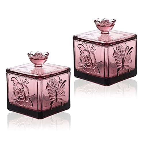Embossed Glass Candy Jar With Lid Set Of 2 Colorful Decorative Jewelry Box Wedding Candy Buffet Jar Kitchen Storage Jar For Bathroom, Pantry, Office, Red Purple #TOP14