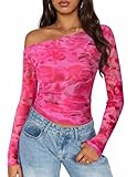 ZESICA Women's Floral Off Shoulder Long Sleeve Tops 2026 Spring Mesh Ruched Fitted Trendy Going Out Shirts Blouses Rose Medium