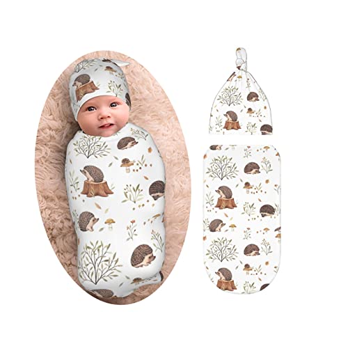 Image of Hedgehog Mushroom Newborn Swaddle Blanket with Beanie Set, Soft and Stretchy Receiving Blanket Swaddlling Blanket for Boy and Girl